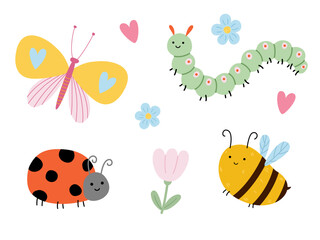 Insects vector set with butterfly caterpillar ladybug and bee for nursery decor. Childish minimalist doodle garden elements on white background. Modern stylish cartoon characters for baby textiles. © Olena Yevsikova