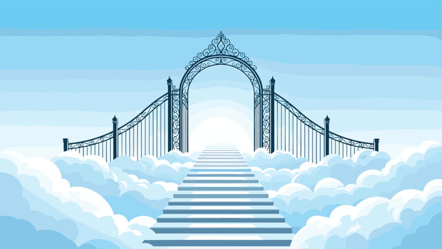 Ornate dark metal gate opens to a long white stairway that leads high into a sea of soft fluffy clouds under a clear blue sky.