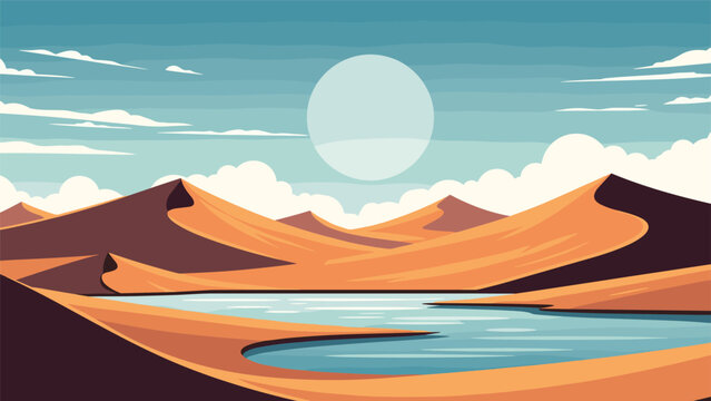 Vast desert landscape features smooth orange sand dunes and a blue oasis under a large bright sun with scattered white clouds.