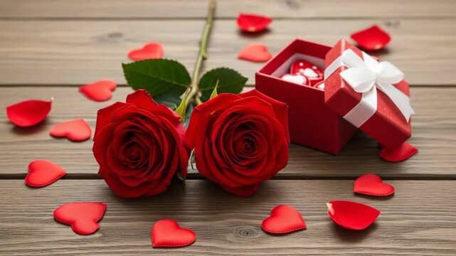 A romantic setup with roses and a gift box on a wooden table