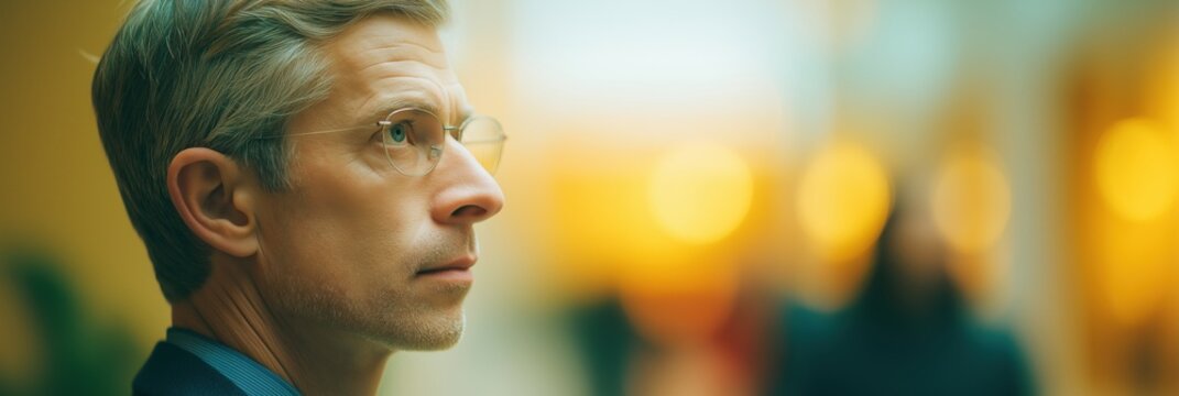 Man in business suit, corporate atrium, ghosted silhouettes, clarity, motion