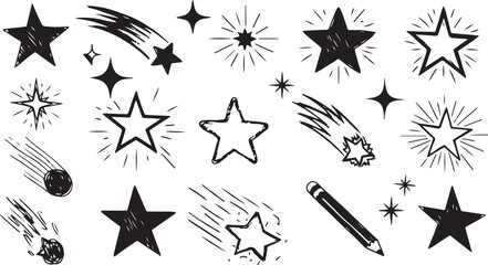 A diverse collection of hand-drawn celestial elements featuring a variety of star shapes and shooting stars (meteors). The set includes solid black stars, outlined stars with radiant energy bursts. © crea8ive