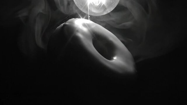 Black and white close up of a donut with a lightbulb above illuminated in a misty atmosphere