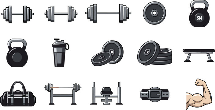 Gym equipment and bodybuilding icon set featuring dumbbells kettlebells barbell weights bench press fitness training elements vector illustration