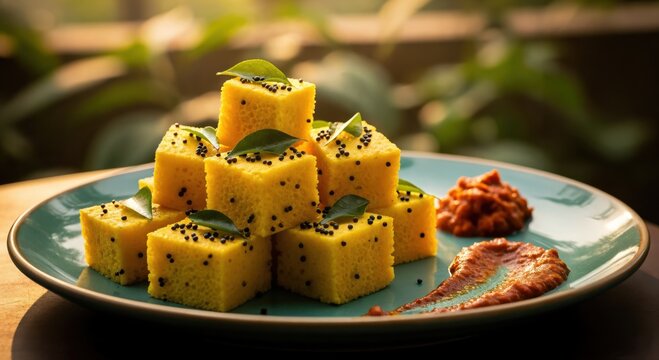 Traditional Gujarati Khaman Dhokla, Steamed Chickpea Flour Cakes with Mustard Seeds and Curry Leaves