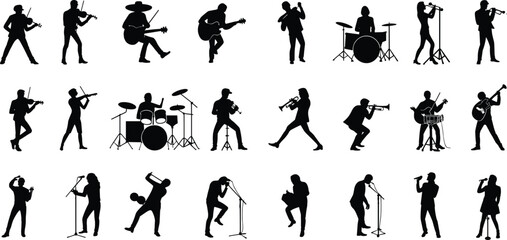 Musicians silhouettes playing instruments singing live performance concert art flat vector © Samiul