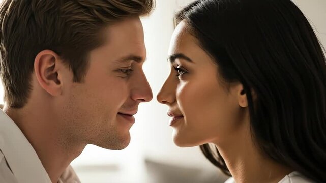 A romantic couple shares a tender moment in a bright and intimate setting