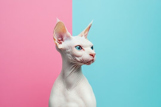 Graphic layout for advertising a hairless cat with a minimalist design in 8K resolution