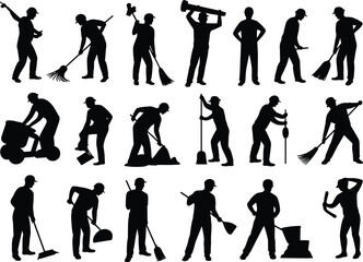 Fototapeta premium Cleaning workers silhouettes sweeping mopping vacuuming maintenance chores tasks flat vector