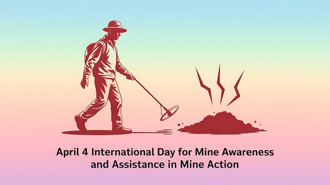 International day for mine awareness illustration depicting a person using a metal detector for action assistance