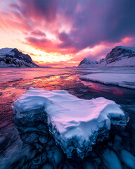 frozen arctic lake with snowy ice formation, surrounded by mountains and illuminated by vivid pink and orange sunset sky