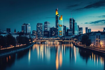 Obraz premium City skyline at night with river reflections and city lights in 8K resolution