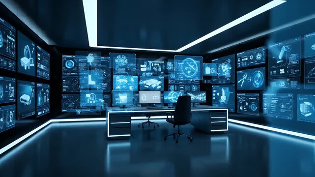 Futuristic Smart Home Control Room with Holographic Displays.
