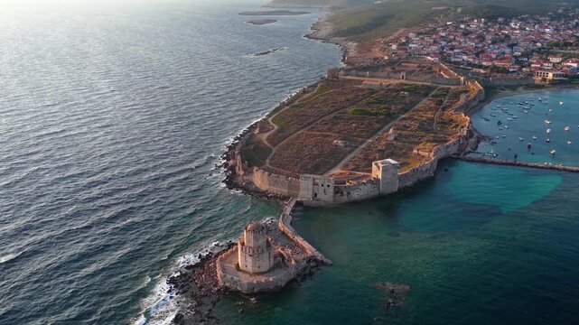 Aerial view of the old venetian Castle at the town of Methoni, Messenia, Peloponnese, Greece, during summer sunset time