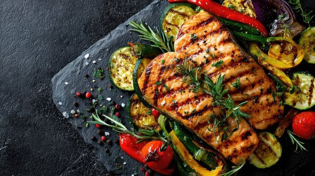 Grilled salmon with vegetables on black slate for culinary presentation