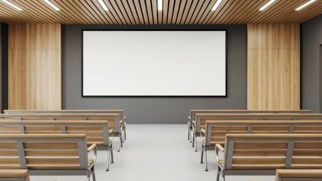 A modern lecture hall with wooden benches and a large screen for educational presentations