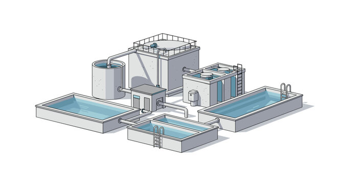 An isometric illustration shows a water treatment facility with multiple grey concrete tanks and four rectangular pools filled with light blue water.