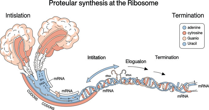 Protein Synthesis at Ribosome Vector Illustration Showing mRNA Translation Process with Initiation Elongation Termination, Codons, tRNA, and Genetic Expression Diagram for Biology Education
