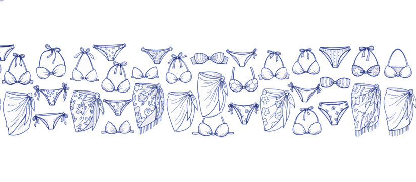 Hand drawn bikini and sarong vector arc. Summer swimwear line art illustration. Isolated sketch design element