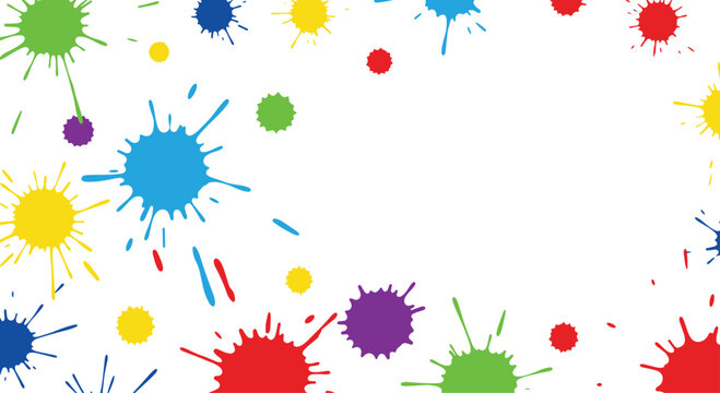 Various colorful paint splatters in multiple hues are arranged around the edges of a white background.