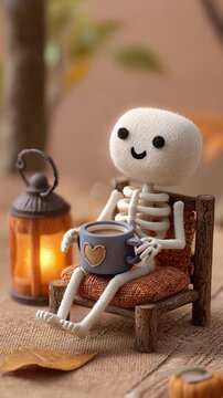 Cute skeleton sitting in a cozy chair drinking a pumpkin spice latte with warm autumn decor. Halloween concept with soft light, fall mood, and relaxing seasonal atmosphere.