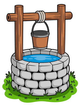 A rustic stone water well illustration featuring a suspended wooden bucket over clear blue water in a grassy field, perfect for farm lifestyle design, fairytale storytelling, village themes, rural sce