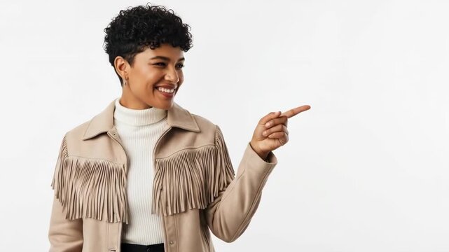 A young woman in a stylish fringe jacket smiling and holding up a small object