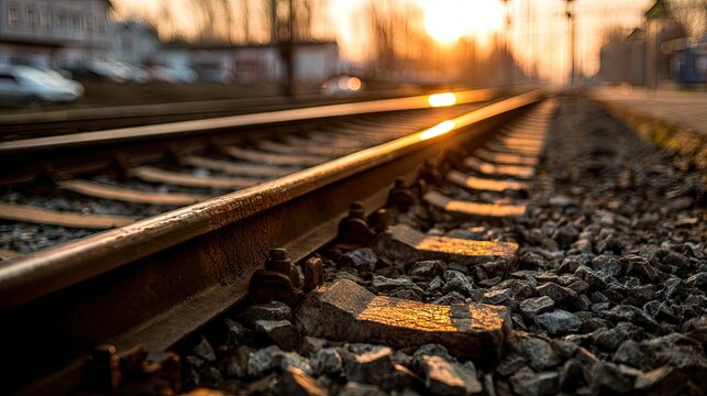 Railroad tracks at sunset perspective view of parallel lines and golden light