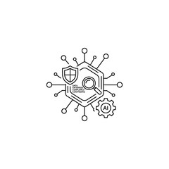 Obraz premium Abstract illustration of cybersecurity, data protection, AI, and compliance with a shield, magnifying glass, and gear icon.