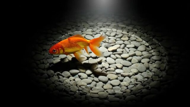 A lone goldfish swims in a parched pond with cracked earth
