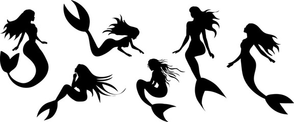 Fototapeta premium Set of mermaid silhouettes from different angles, vector