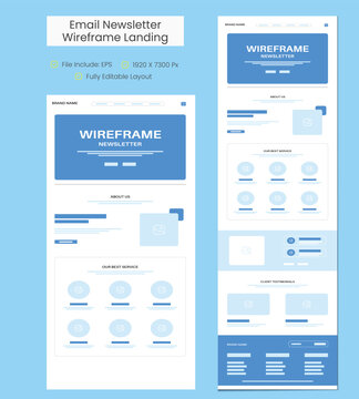 Wireframe Email Newsletter Template. One Page Website Design Template for Business, Agency, Corporate Portfolio. Flat Modern Landing Page UI UX  Responsive Marketing Newsletter Vector