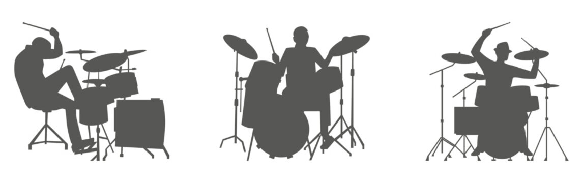 Drummer silhouette set playing drum kit &ndash; musician band performance illustration