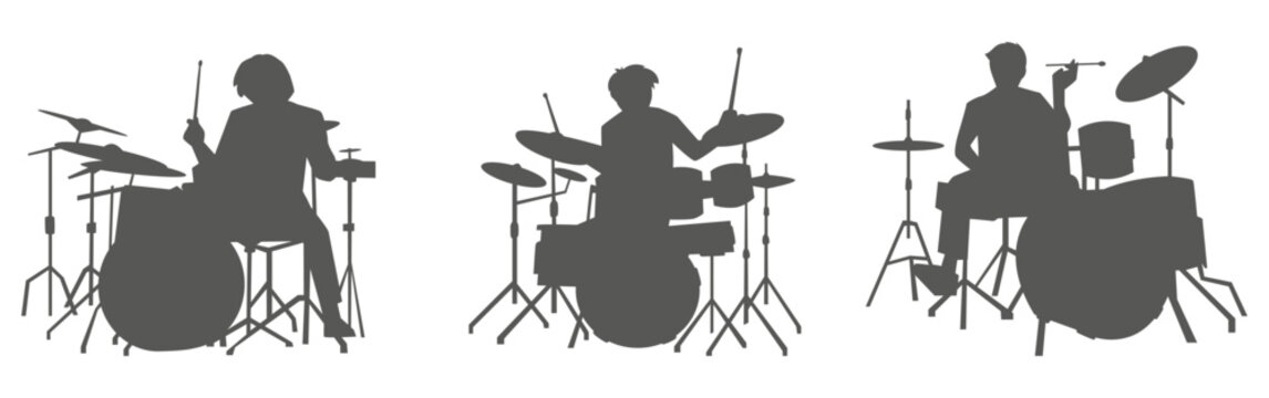 Drummer silhouette set playing drum kit &ndash; musician band performance illustration