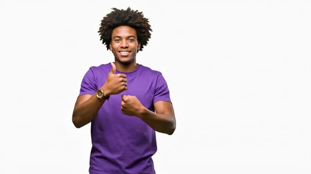 A young man in a purple shirt making a funny face