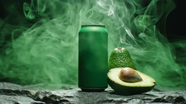A vibrant, unbranded green aluminum beverage can stands prominently on a rugged, textured stone surface, accompanied by a whole avocado and a perfectly halved avocado, showcasing its creamy green fles