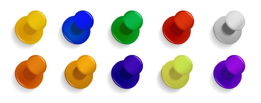 Office vector push pins set of shiny colorful plastic. Colored Thumbtack Office. Pins for pinning paper notes. Yellow, green, red, blue office pins.