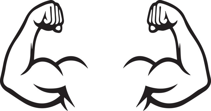 Strong muscular bicep flexing arms line art vector illustration, minimalist fitness and bodybuilding concept isolated on white background.