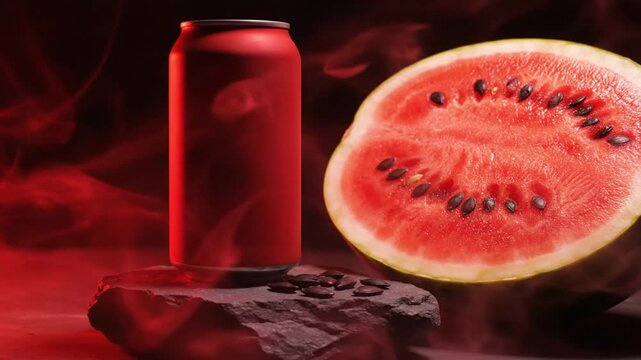 A vibrant, unbranded red beverage can sits prominently on a dark, textured rock-like surface, partially obscured by swirling red smoke. Next to it, a refreshing, juicy slice of ripe watermelon, displa