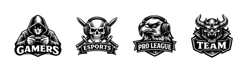 Obraz premium Gaming mascot logos vector set with skulls eagles and demons in black and white illustration