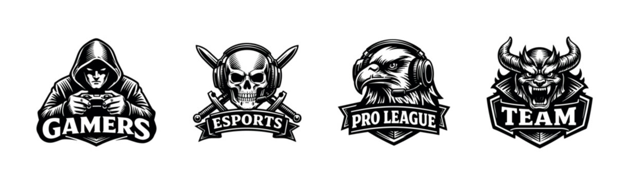 Gaming mascot logos vector set with skulls eagles and demons in black and white illustration