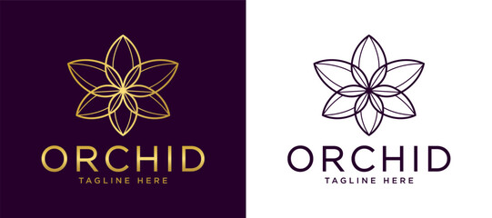 Minimal Orchid Line Logo, Elegant Floral Outline Emblem, Modern Botanical Branding Template in Black on White Background © CHOICE20