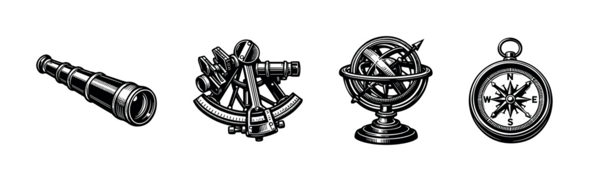 Vintage nautical instrument set telescope sextant armillary sphere compass black and white illustration
