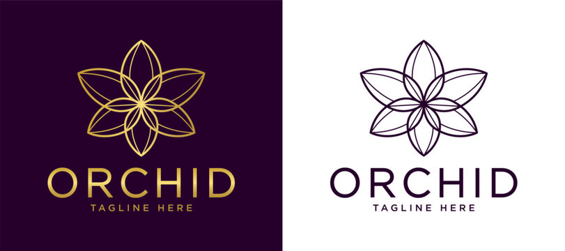 Minimal Orchid Line Logo, Elegant Floral Outline Emblem, Modern Botanical Branding Template in Black on White Background