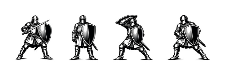 Fototapeta premium Medieval knights illustration set, armored warriors in vector style, black and white silhouette