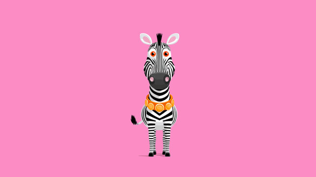 Animated zebra with bold black and white stripes, wearing a collar on a vibrant pink background
