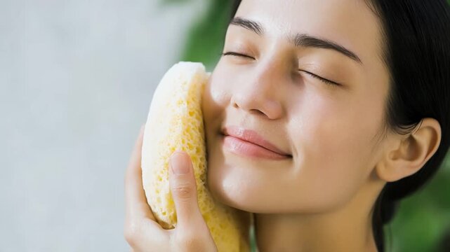 Woman gently cleansing her face with a soft yellow sponge, enjoying a moment of self-care