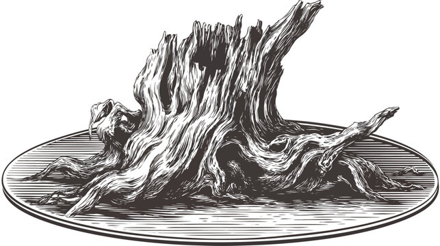 A detailed, stylized black and white illustration of a weathered, textured tree stump on a textured base