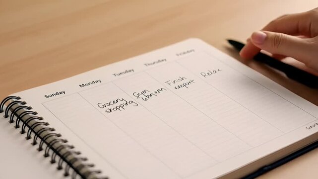 Person writes in notebook with pen overhead view close up