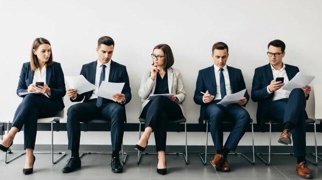 A group of business professionals sitting in a waiting area for a job interview